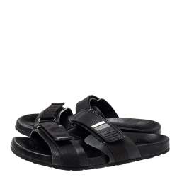 Prada Black Nylon And Leather Velcro Strap Flat Sandals Size 45