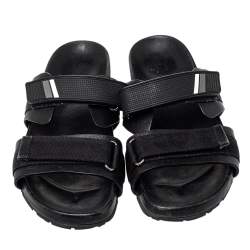 Prada Black Nylon And Leather Velcro Strap Flat Sandals Size 45