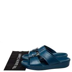 Prada Blue Saffiano Leather Slide Sandals Size 41.5