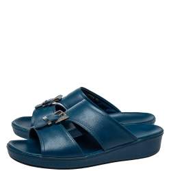Prada Blue Saffiano Leather Slide Sandals Size 41.5