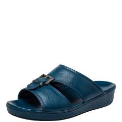 Prada Blue Saffiano Leather Slide Sandals Size 41.5