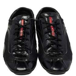 Prada Black Mesh And Patent Leather Low Top Sneakers Size 44