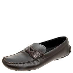 Prada Brown Saffiano Leather And Crocodile Leather Penny Slip On Loafers Size 44
