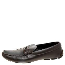 Prada Brown Saffiano Leather And Crocodile Leather Penny Slip On Loafers Size 44