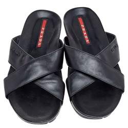 Prada Black Leather Crisscross Sandals Size 42