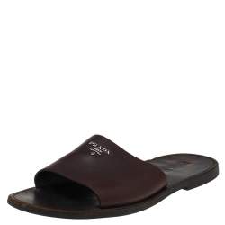 Prada Dark Brown Leather Slide Flat Sandals Size 43