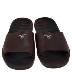 Prada Dark Brown Leather Slide Flat Sandals Size 43