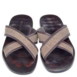 Prada Dark Brown/Beige Leather And Canvas Criss Cross Flat Slide Sandals Size 44