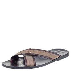 Prada Dark Brown/Beige Leather And Canvas Criss Cross Flat Slide Sandals Size 44