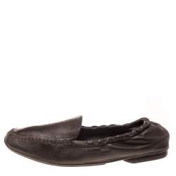 Pre Owned Prada Dark Brown Leather Scrunch Slip On Loafers Size 39.5