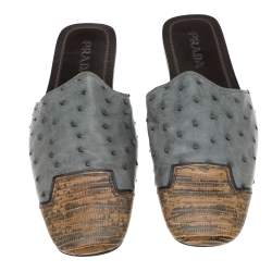 Prada Grey/Beige Ostrich Leather And Lizard Leather Flat Mules Size 43