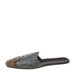 Prada Grey/Beige Ostrich Leather And Lizard Leather Flat Mules Size 43