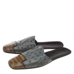 Prada Grey/Beige Ostrich Leather And Lizard Leather Flat Mules Size 43