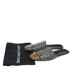 Prada Grey/Beige Ostrich Leather And Lizard Leather Flat Mules Size 43