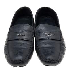 Pre Owned Prada Black Croc Embossed Leather Penny Slip On Loafers Size 44.5