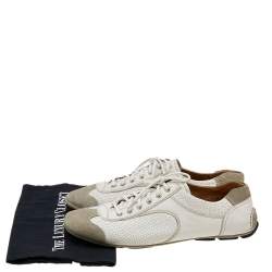 Prada White/Grey Leather And Suede Perforated Low Top Sneakers Size 44.5