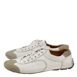 Prada White/Grey Leather And Suede Perforated Low Top Sneakers Size 44.5