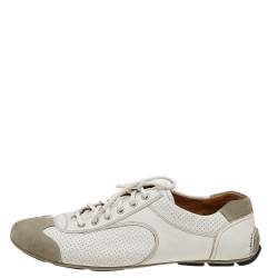 Prada White/Grey Leather And Suede Perforated Low Top Sneakers Size 44.5
