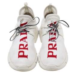 Pre Owned حذاء رياضي برادا قماش تريكو أبيض بشعار الماركة عنق منخفض مقاس 41