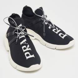 Prada Black Logo Knit Fabric Low-Top Sneakers Size 40.5