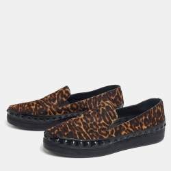 Pre Owned Prada Brown/Black Leopard Print Calf Hair And Patent Leather Embellished Slip On Sneaker Size 39.5