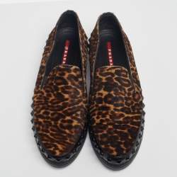 Pre Owned Prada Brown/Black Leopard Print Calf Hair And Patent Leather Embellished Slip On Sneaker Size 39.5