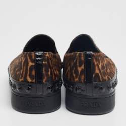 Pre Owned Prada Brown/Black Leopard Print Calf Hair And Patent Leather Embellished Slip On Sneaker Size 39.5