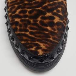 Pre Owned Prada Brown/Black Leopard Print Calf Hair And Patent Leather Embellished Slip On Sneaker Size 39.5
