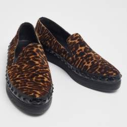 Pre Owned Prada Brown/Black Leopard Print Calf Hair And Patent Leather Embellished Slip On Sneaker Size 39.5