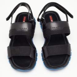Prada Sport Black Leather And Fabric Flat Sandals Size 41.5