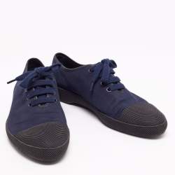 Prada Navy Blue/Black Canvas and Textured Rubber Cap-Toe Low-Top Sneakers Size 44 1/3