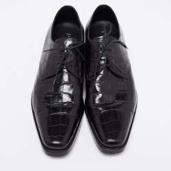 Prada Black Croc Embossed Leather Derby Size 40.5