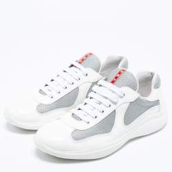 Prada  White/Grey Patent And Fabric Low Top  Sneakers Size 44.5 