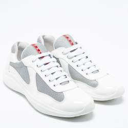 Prada  White/Grey Patent And Fabric Low Top  Sneakers Size 44.5 