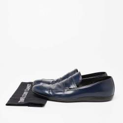 مملوكة مسبقًا Prada Navy Blue Leather Penny Slip On Loafers Size 44.5