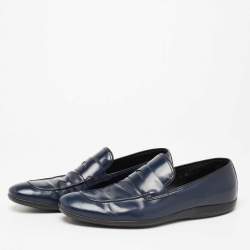 مملوكة مسبقًا Prada Navy Blue Leather Penny Slip On Loafers Size 44.5