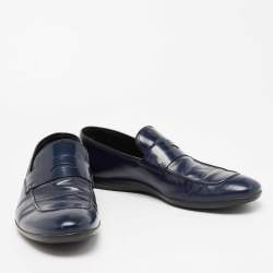 مملوكة مسبقًا Prada Navy Blue Leather Penny Slip On Loafers Size 44.5