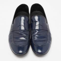 مملوكة مسبقًا Prada Navy Blue Leather Penny Slip On Loafers Size 44.5