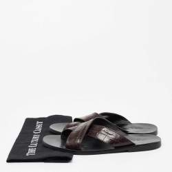 Prada Brown Croc Embossed Leather Crisscross Flat Sandals Size 40