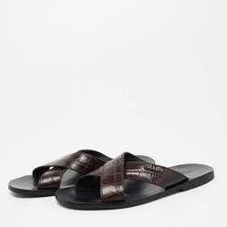 Prada Brown Croc Embossed Leather Crisscross Flat Sandals Size 40