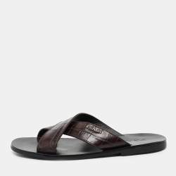 Prada Brown Croc Embossed Leather Crisscross Flat Sandals Size 40