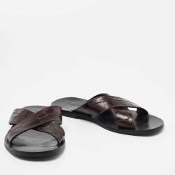 Prada Brown Croc Embossed Leather Crisscross Flat Sandals Size 40