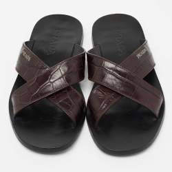 Prada Brown Croc Embossed Leather Crisscross Flat Sandals Size 40