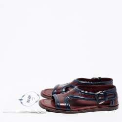 Pre Owned Prada Burgundy/Navy Blue Leather Slide Sandals Size 41