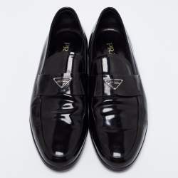 Pre Owned Prada Black Leather Logo Plaque Loafers Size 43