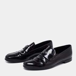 Pre Owned Prada Black Leather Logo Plaque Loafers Size 43
