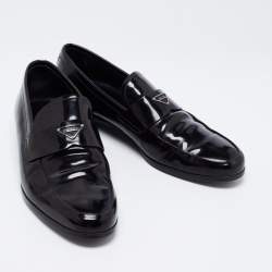 Pre Owned Prada Black Leather Logo Plaque Loafers Size 43