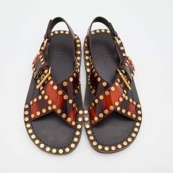 Prada Two Tone Leather Studded Criss Cross Flat Sandals Size 44.5