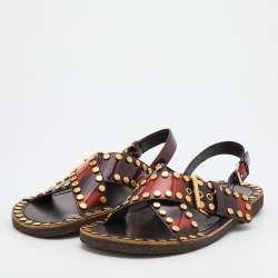 Prada Two Tone Leather Studded Criss Cross Flat Sandals Size 44.5
