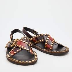 Prada Two Tone Leather Studded Criss Cross Flat Sandals Size 44.5